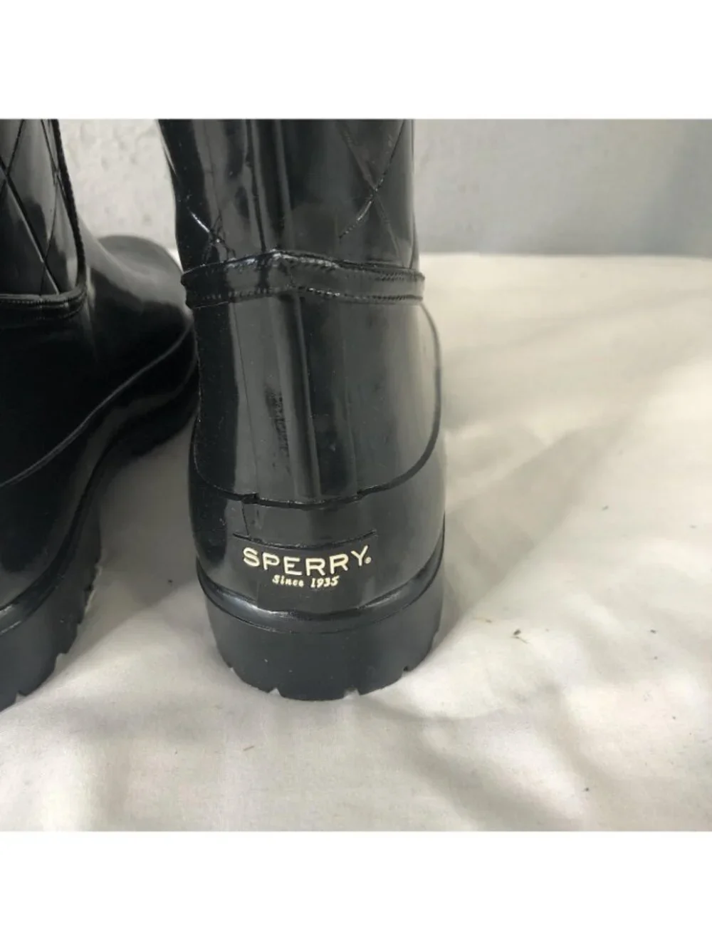 Sperry Top-Sider Boots Womens Size 7 Black Quilted Mid Calf Rain Pelican III